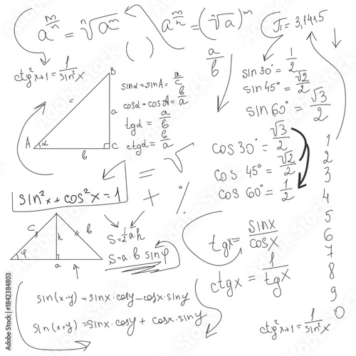 School math figures and circles, black and white sketch. Vector illustration. Trigonometric and algebraic equations, formulas and arrows isolated on a white background. Lesson and lecture notes