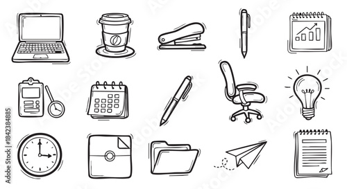 Business Doodle Icon Set with Laptop Coffee and Calendar Design