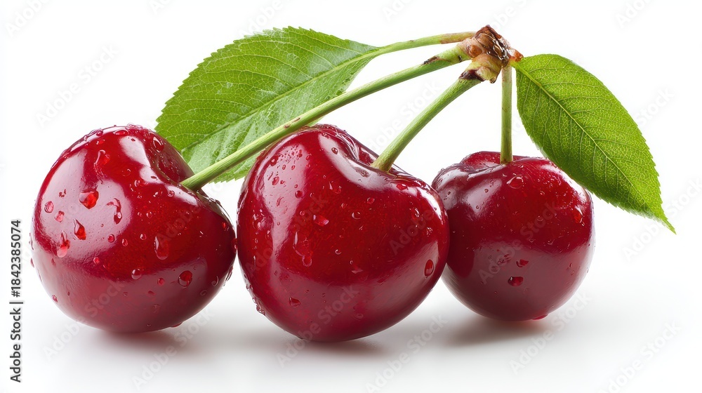 Obraz premium Juicy cherries with leafy stems, product photography on white background