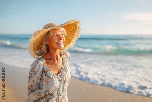 Joyful senior woman in a wide-brim sun hat on a sunlit beach