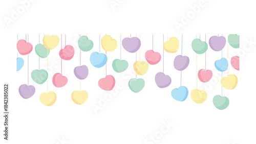 Love's Delicate Garland: Softly colored, heart-shaped candies suspended in delicate rows, evoke a sense of sweet romance and affectionate charm.