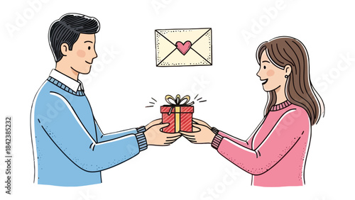 Exchanging Gifts of Affection: A heartwarming illustration of a couple exchanging gifts, symbolizing love, care, and the joys of connection. 