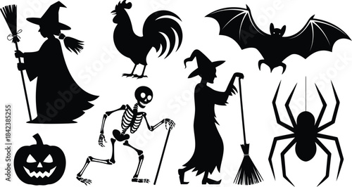 Halloween icons set with witch, bat, spider and skeleton