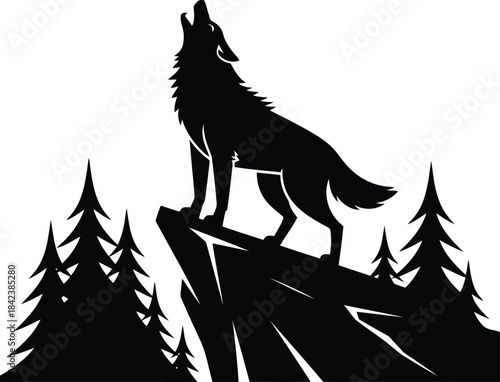 Wolf howling on cliff in forest landscape