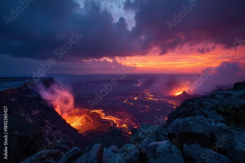 Lava-lit volcanic vista: jagged rocks, steaming vents, and expansive crater