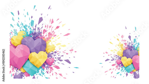 Heartfelt Artistry: A vibrant arrangement of colorful geometric hearts bursts forth amidst a backdrop of dazzling splashes, signifying joy and affection. 