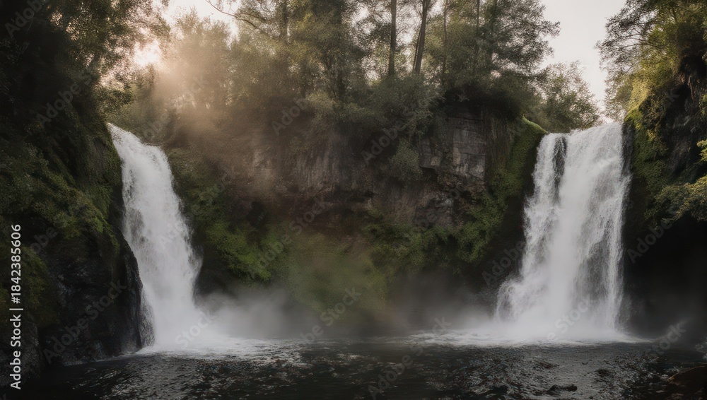 Fototapeta premium Twin Waterfalls Cascading Through Lush Forest Under Sunlight.