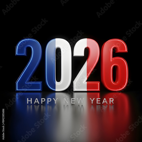 Shiny metallic 2026 happy new year text with red white and blue patriotic colors