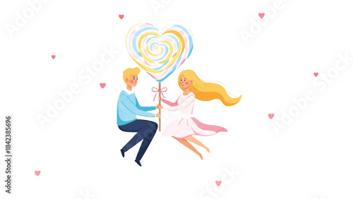 Whimsical Romance: A charming couple floats amidst a scattering of hearts, tenderly holding a giant, heart-shaped lollipop, celebrating their sweet bond and love. 