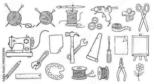 Collection of hobbies and crafts illustrations in black and white outline style