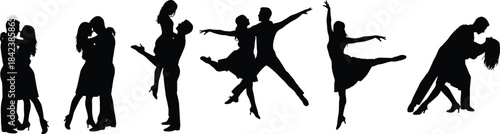 Silhouettes of dancing couples performing expressive ballroom and contemporary dance poses, showcasing movement, grace, coordination, artistic choreography, elegance, and partner dynamics.