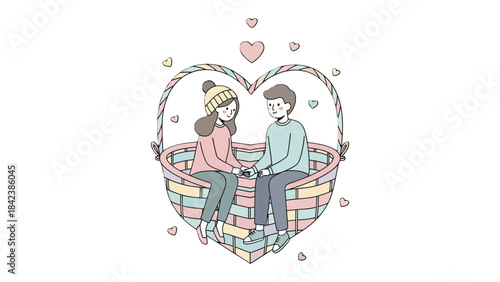 Love's Tender Basket: A hand-drawn illustration captures a tender moment as a couple sits nestled within a heart-shaped basket. They share a delicate connection amidst the floating hearts. 