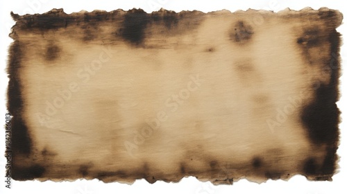 An old, torn piece of paper with darkened, irregular edges, showing signs of burn or age damage,
