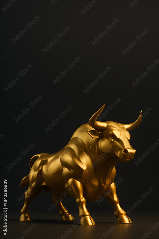 Obraz premium Golden bull statue on black background with dramatic light, symbol of bullish stock market growth, wealth and investment success for finance news, trading and business concepts 