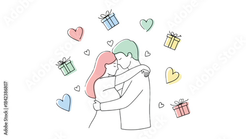 Embracing Love and Gifting: A tender illustration depicts a couple embracing, surrounded by floating hearts and gift boxes, symbolizing love and generosity.