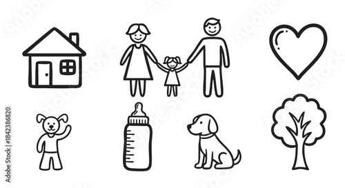 Cute Simple Black and White Icons for Family Home Life