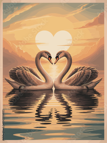 Vector illustration of two swans forming a heart shape with their necks against a warm orange and yellow sunset with reflective water and distant mountains