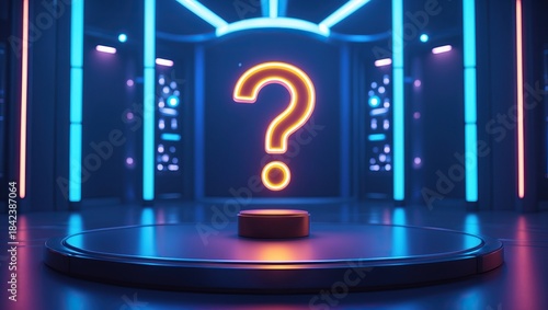 “Futuristic quiz show scene with neon question mark — AI-generated”
