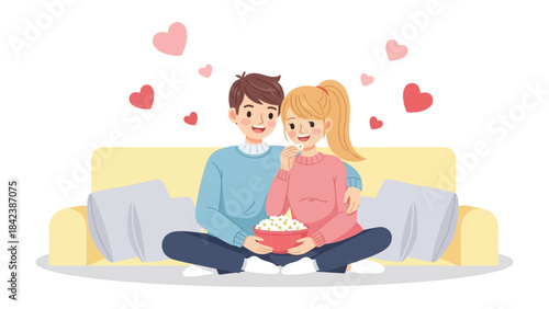 Cozy Couple's Date Night: A couple, immersed in a moment of pure bliss, shares an intimate date night on the sofa. Their hearts intertwine amidst a shower of love.