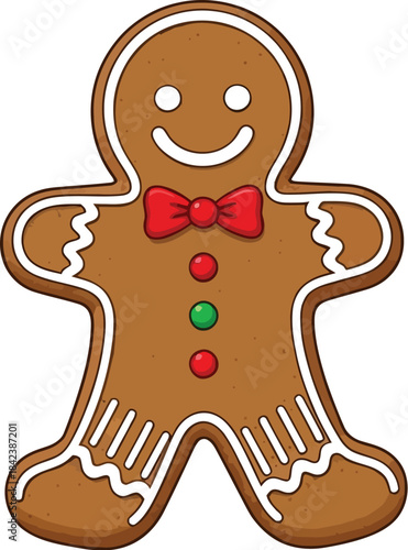 Adorable smiling gingerbread man cookie decorated with white icing and a festive red bow tie