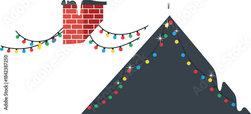 Colorful string lights decorate a snow covered rooftop with a brick chimney against a pale blue sky
