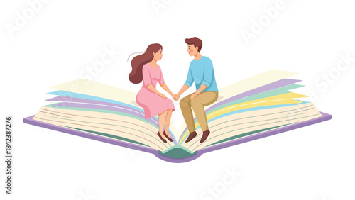 Love's Literary Journey: A tender illustration depicts a couple, hands intertwined, seated atop a captivating, open book, symbolizing a shared adventure through the stories.