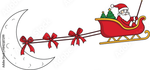 Santa Claus driving his red sleigh loaded with Christmas trees across the night sky pulled by the moon