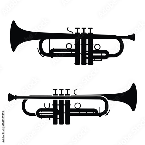 Trumpet Silhouette Vector Graphic Set, Vector Black and White Trumpet Silhouette with Minimalist Design and Clean Lines