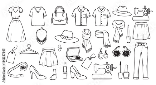 Fashion and Clothing Doodle Style Icons Set in Black and White