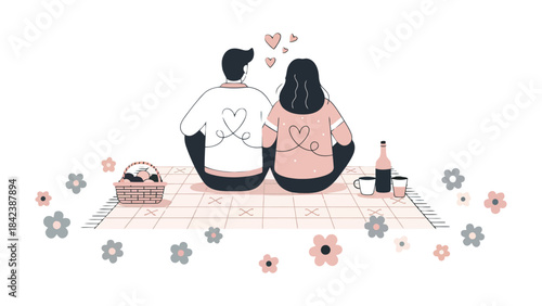 Romantic Picnic Date: A cozy picnic scene with a couple sitting side-by-side, complete with picnic basket, wine bottle, cups, and love heart, surrounded by delicate flower.