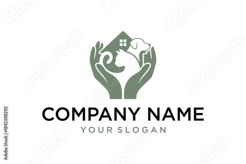 Pet Home Care Logo Design with Cupped Hands, Cat, Dog, and House Symbol