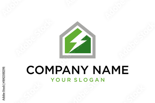 Modern Green House and Lightning Bolt Logo Design for Home Energy Company