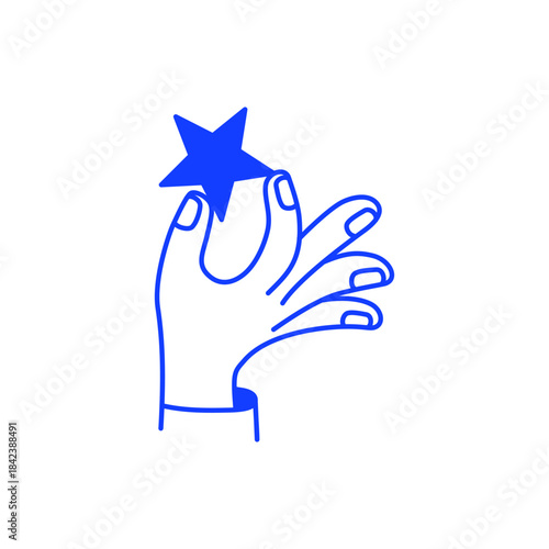 Vector simple linear illustration, hand holding star, review and rating concepts, doodle sketchy illustration