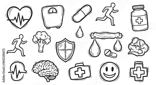 Healthy Lifestyle Doodle Icons with Exercise Diet and Brain Health