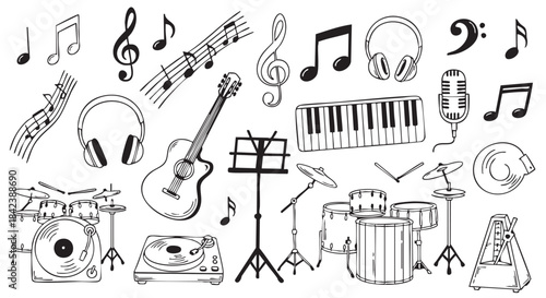 Music themed black and white doodle vector illustration for designers