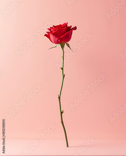 Vibrant single red rose standing upright with long curved stem against seamless pale pink background