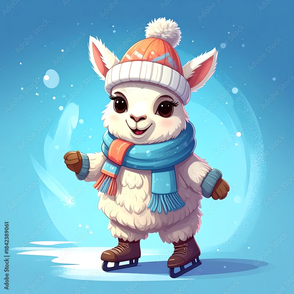 Naklejka premium niedliches kleines Lama mit Mütze Schal und Schlittschuhe - blauer Hintergrund
