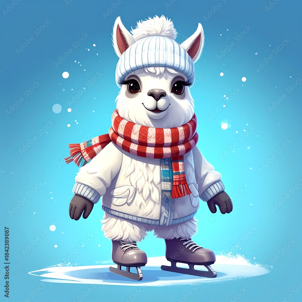 Obraz premium niedliches kleines Lama mit Mütze Schal und Schlittschuhe - blauer Hintergrund