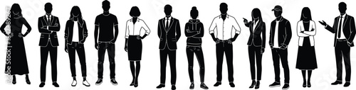 Silhouettes of diverse people standing in various modern poses representing individuality, lifestyle, professional roles, casual fashion, confidence, teamwork, and contemporary human figures.