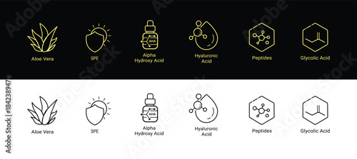 Organic cosmetic line icons set. Organic skin care components or labels. Sensitive Skin, Vitamin C, Omega-3 Fatty Acids, Hyaluronic Acid, Vitamin E, Aloe Vera, Retinol, Collagen, Peptides,