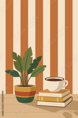 Cozy Coffee Illustration with Books and House Plant – Warm Minimal Still Life Art, Retro Inspired Home Decor Design for Reading Corner and Relaxing Interior Space