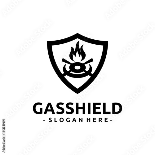 Safe gas stove logo design vector. Concept of protection and a gas stove with flame at the center to illustrate safety, energy, and reliability.