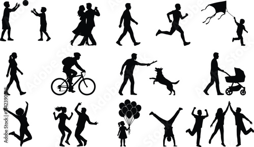 Silhouettes of families, children, and adults enjoying outdoor activities, showcasing play, exercise, bonding, joy, movement, leisure, and active lifestyle moments.