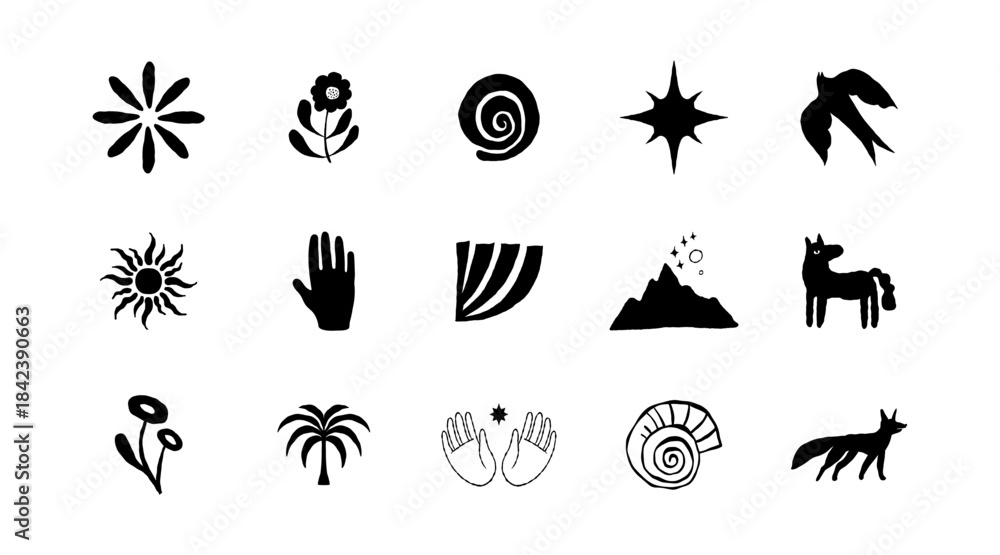 Fototapeta premium Vector hand drawn rough ink mystical symbols, sacred boho signs, design elements for branding and packaging, abstract shapes and glyphs