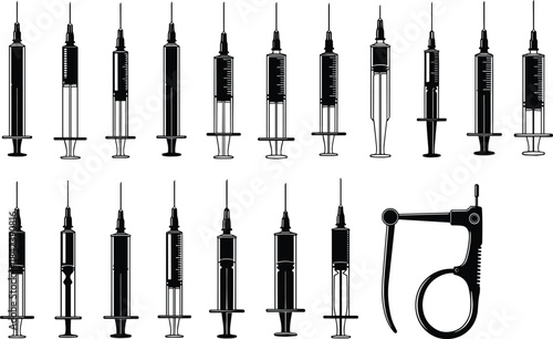 Black and White Silhouette Vector Set of Various Modern and Vintage Medical Syringes, Needles, and Vaccination Devices for Healthcare and Drug Administration.