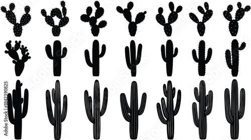 Black Cactus Silhouette Vector Set: Prickly Pear, Saguaro, and Columnar Desert Plants for Southwestern and Mexican Themed Design Elements.