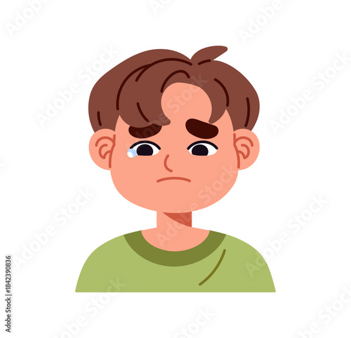 Sad, offended little boy is crying. Avatar of weeping kid with emotion of sorrow on his face. Portrait of upset sobbing child with tears on eyes. Flat isolated vector illustration on white background