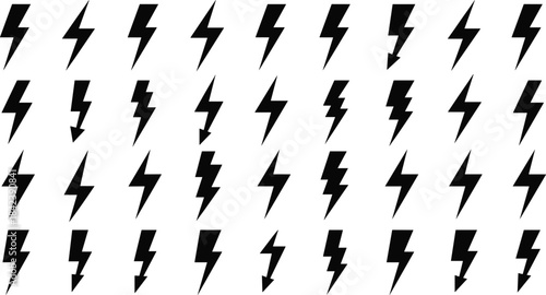 Black Lightning Bolt Icon Set: Electricity, Power, Flash, Energy, Thunderstorm, Speed, Charging, Hazard, Warning, Danger, Symbol, Sign, Vector Illustration Pack.