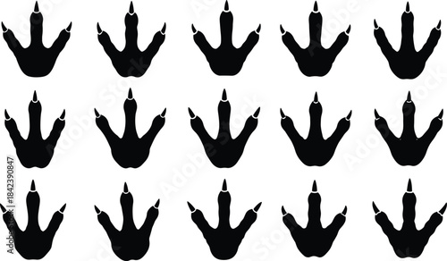 Black Silhouette of Three-Toed Dinosaur Paw Prints or Fossil Footprints, Prehistoric Reptile Track Icons, Isolated Vector Illustration on a White Background.