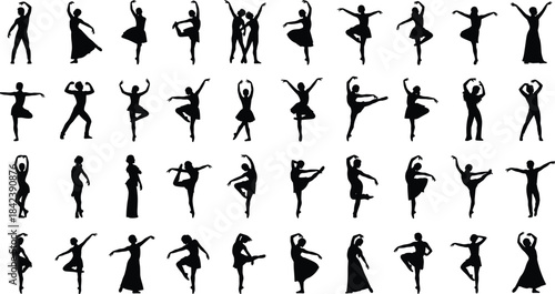 Black Silhouette Set of Elegant Ballerina Dancers in Various Dynamic Ballet Poses for Dance Class, Performance, and Theatrical Arts